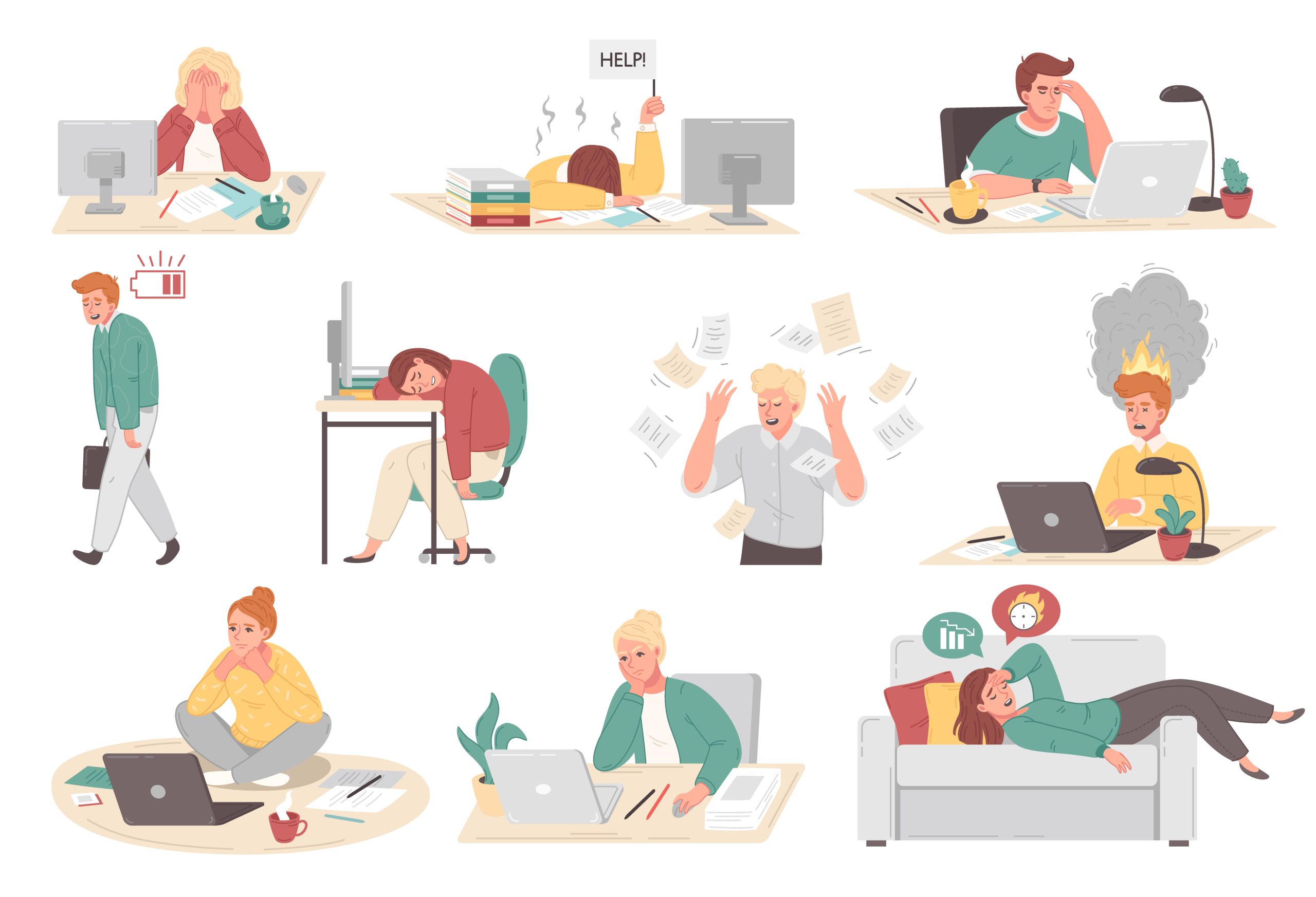 Cartoon set of people at their work places suffering from professional burnout fatigue frustration isolated vector illustration SSUCv3H4sIAAAAAAACA3WRTWvDMAyG/4rQOawbu+U6ymAwKN2x7KA4SmrqWEG2042S/z6lH2Mb7KZXeq2PxydsKHmH9Ql9CCVlpewlYv1QIbc+i3oKWN/PFaZMuSRO5jXlKHNv1bO+NdmdljzWuGEZA6M9Ko3JV58ch0CRpSScq5vtd/4f93uF1HN0n8tgm6wcmM577Kx0OGbW4brU5FuWS0il9UuIkzgKVn9clrYDZViyvdK49079xLrolpOzAJ9Is0iExBmkg/F8B1CGvGevcBQ9wBjIcYJUuo7Vxx46lQFGlY5TMngUoCkapWTojGZf2BzfaMEnCQavhYmd8YWf3O9gbdCpsZnrzRtQbGHLsWVzRXjZPEMnOhi6CvPHAhCrK8lLr7RyEh2PuVBYDX/gysF+dZ7nL/90x/vzAQAA